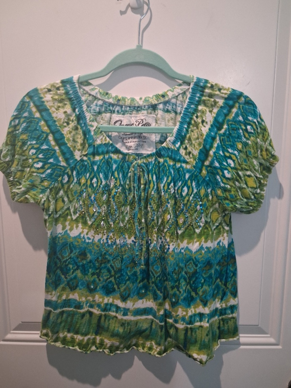 STUNNING ONQUE PETITES PM BEAD-EMBELLISHED PEASANT-STYLE COTTON TOP!
